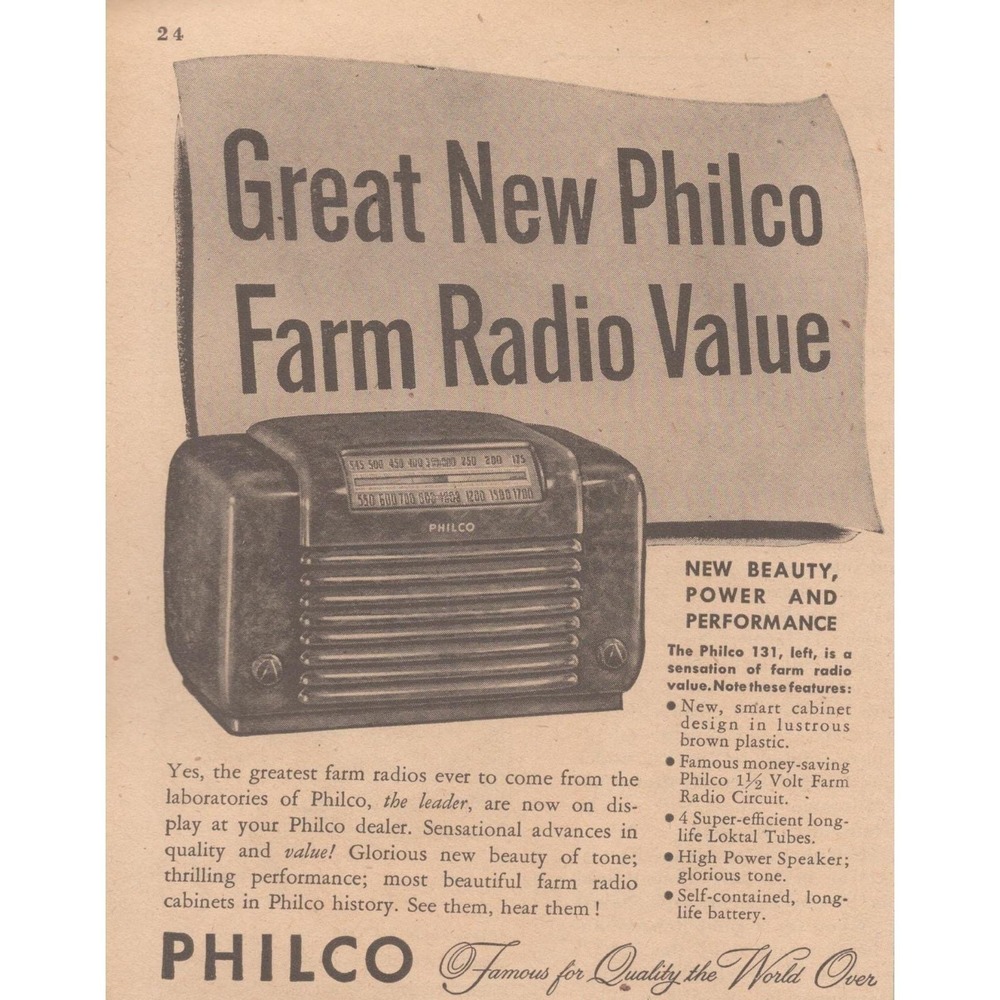1946 Philco Farm Radio Vintage Print Ad Brown Plastic Cabinet Loktal‎ Tubes MCM